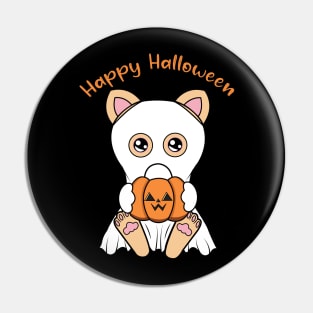 Happy Halloween Cute ghost Cat, Kawaii black cat with pumpkin Pin