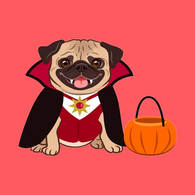 Halloween pug dog in vampire costume cartoon illustration. Cute friendly fat chubby fawn sitting pug puppy, smiling with tongue out. Pets, dog lovers by amramna