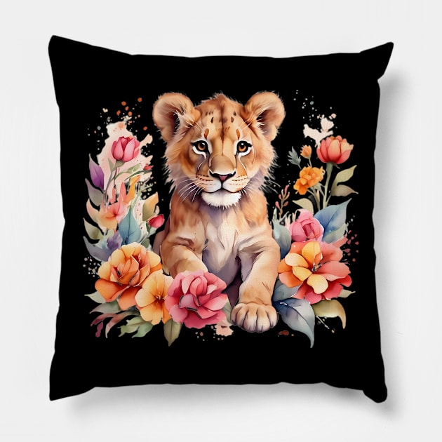 A lion cub decorated with beautiful watercolor flowers Pillow by CreativeSparkzz