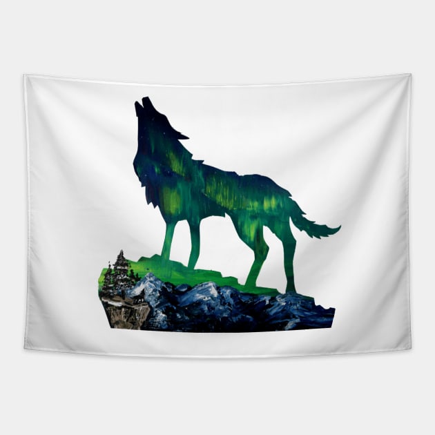 rustic snow mountain landscape wildlife wolf silhouette northern lights aurora Tapestry by Tina