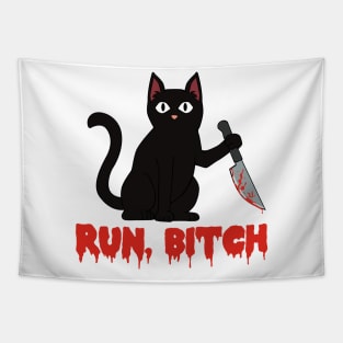 Murderous black cat with knife Run Bitch Tapestry