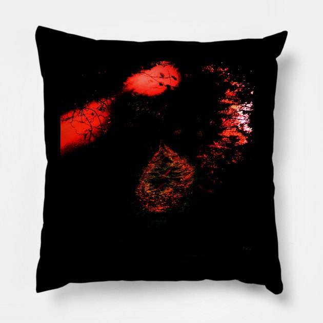 Digital collage and special processing. Dark, scary place in woods. Hole. Red and orange. Pillow by 234TeeUser234