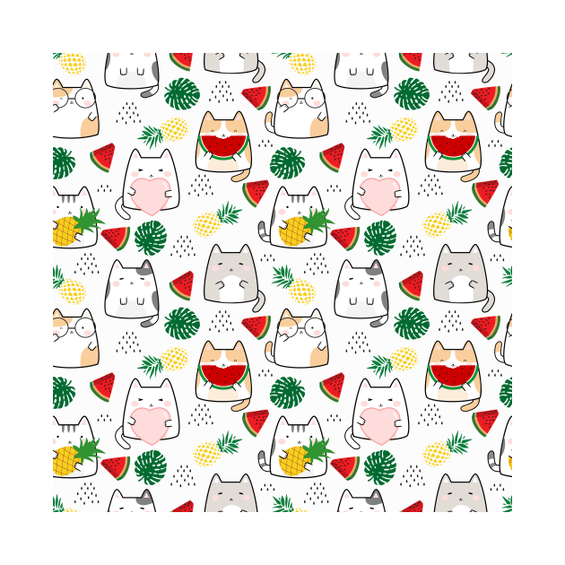 Seamless Pattern Melon Pineapple Cute Kawaii Cats by jodotodesign