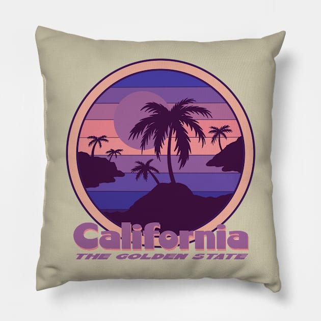 California The Golden State Retro Purple Sunset Pillow by Funky Chik’n