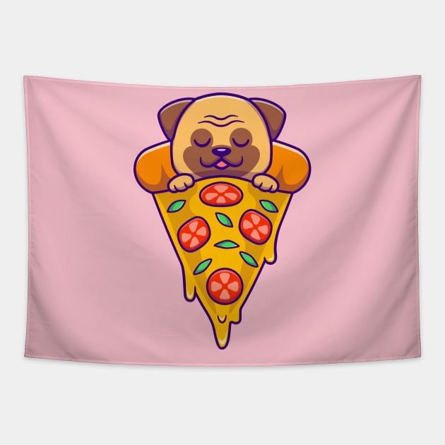 Cute Pug Dog Sleeping On Pizza Cartoon Tapestry by Catalyst Labs