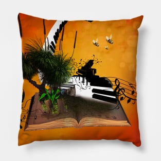 A piano is flying out of a book. Pillow