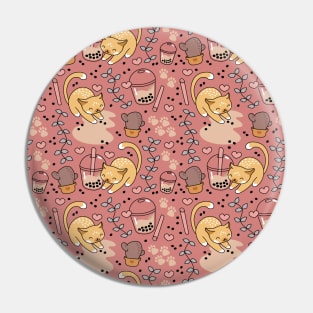 Cute Cat Bubble Tea Pattern - Pink Version Pin