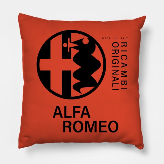 Alfa Romeo Ricambi Originali black text Pillow by fmDisegno