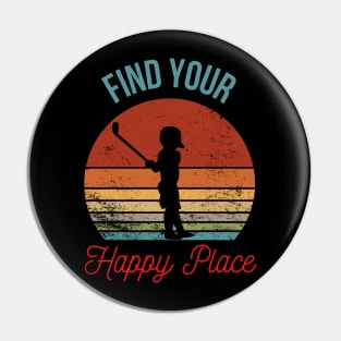 Find Your Happy Place - Child Golfer Silhouette over Retro Sunset Pin