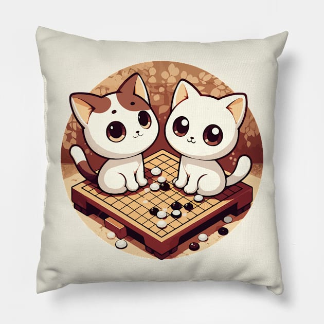 Kawaii white cats go board game baduk Pillow by TomFrontierArt