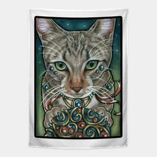 Cosmos Cat with Toy - Black Outlined Design Tapestry