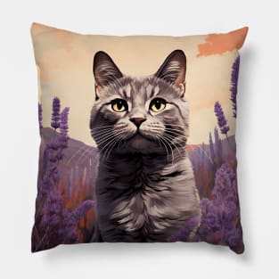 Feline Garden Delight: Retro Vintage Cat Lavender Florals Pillow