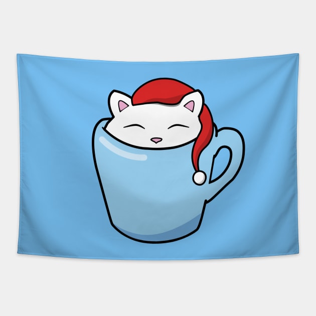 Cute Christmas cat sitting in a blue cup Tapestry by Purrfect