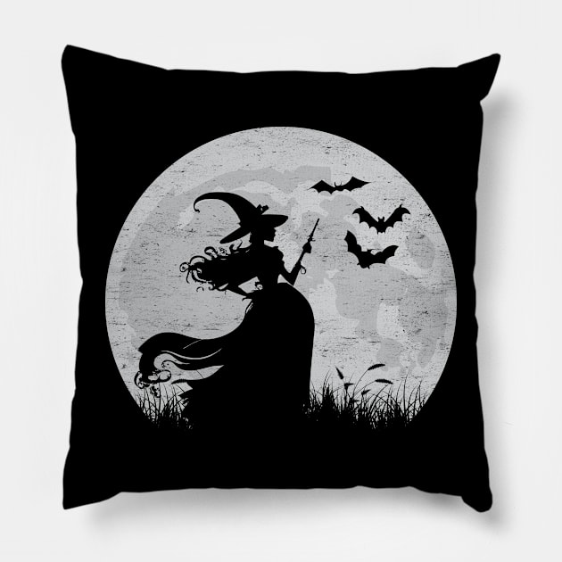 Moonlit Halloween Witchcraft: Witch Silhouette Against A Full Moon Pillow by TwistedCharm