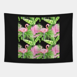 Tropical Pattern Flamingos, Plants, and Petals Tapestry