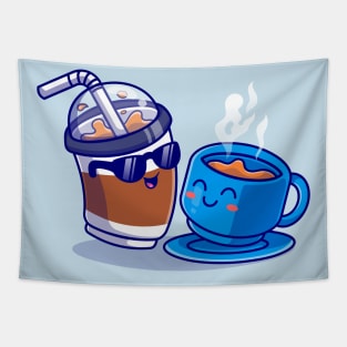 Cute Ice Coffee With Hot Coffee Cartoon Tapestry