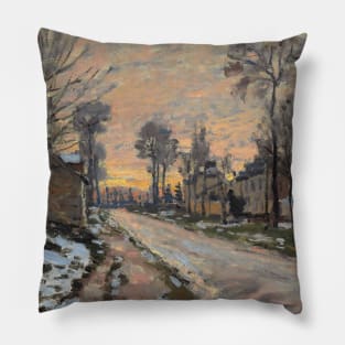 Road to Louveciennes, Melting Snow, Setting Sun by Claude Monet Pillow