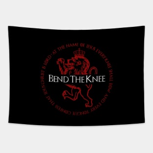 Bend the knee for Jesus, from Philippians 2, red and white text Tapestry