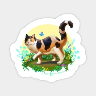 Fluffy Calico Cat with Butterfly Magnet