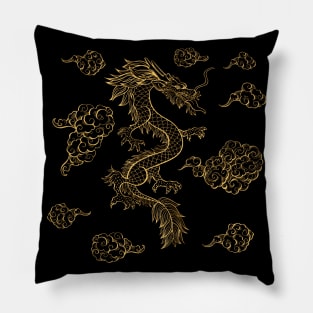 Golden Chinese Dragon Dancing Among the Clouds Pillow