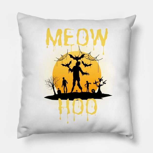 A cat and an owl- halloween Pillow by Happy-Shop951