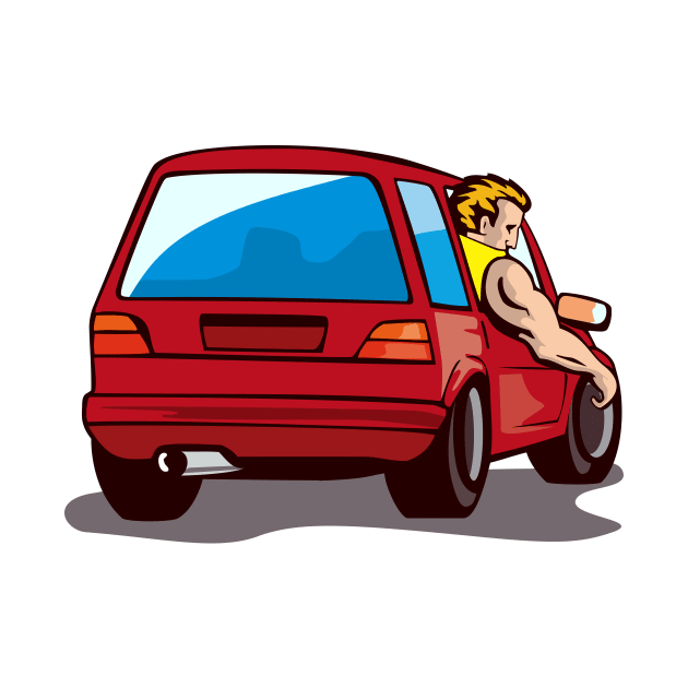 Red Hatchback Car with Man by retrovectors