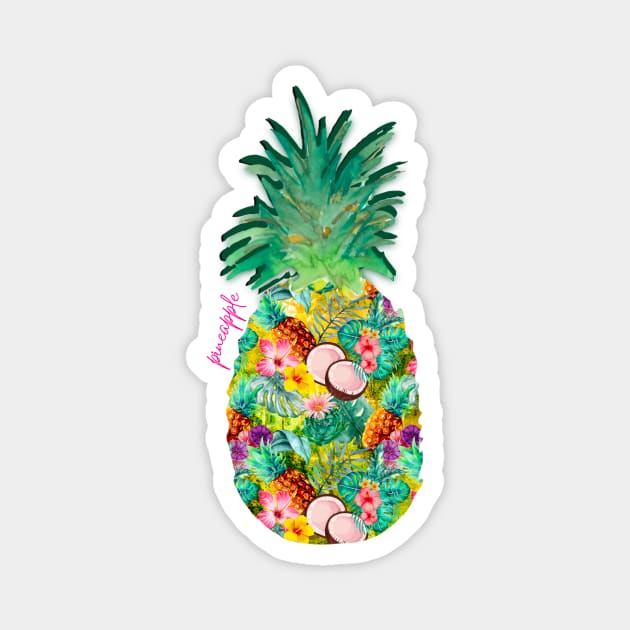 tropical pineapple exotic botanical illustration with floral tropical fruits, yellow fruit pattern over a Magnet by Zeinab taha