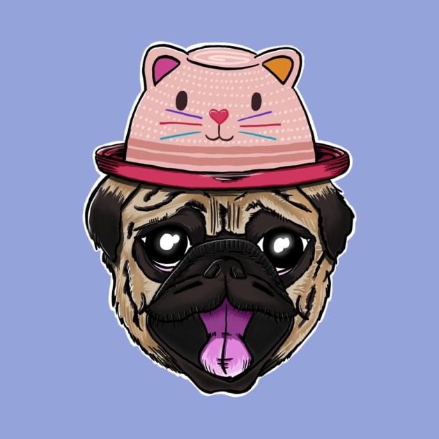 Pug dog with cat hat by madebystfn