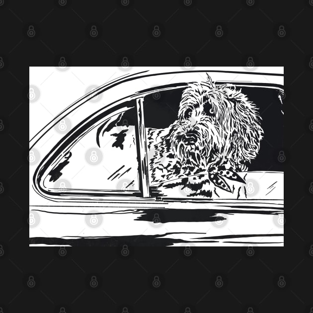 Labradoodle in a Car Linoprint by NattyDesigns