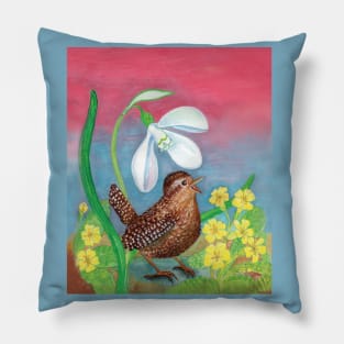 Wren Bird (Troglodytes troglodytes) and a Snowdrop Illustration Pillow