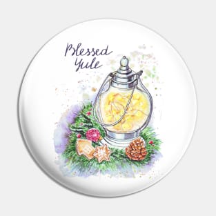 Blessed Yule: Watercolor winter solstice greeting Pin