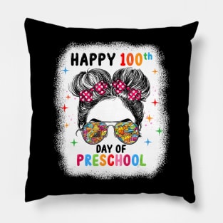 Bleached Happy 100th Day Of Preschool Messy Bun Kids Girls Pillow