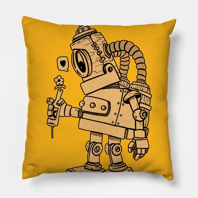 Robot yellow in love Pillow by manuvila