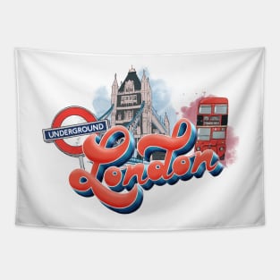 London Design with Landmarks | Artist Designed Illustration Featuring London Landmarks | Retro London Design with Tower Bridge, London Bus and Underground Sign Tapestry