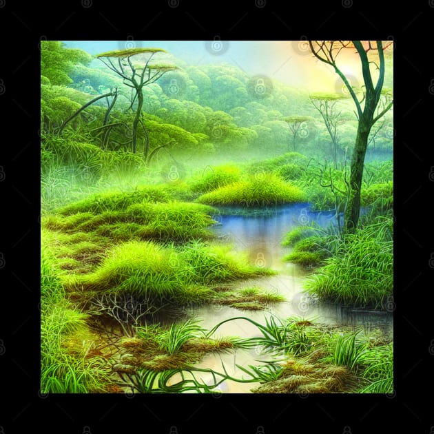 Landscape Painting with Tropical Plants and Lake, Scenery Nature by Promen Art