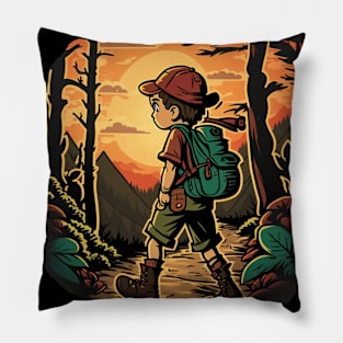 Boy trekking in the woods with a beautiful sunset effect Pillow