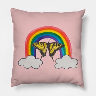 Yellow butterfly Machaon with rainbow Pillow