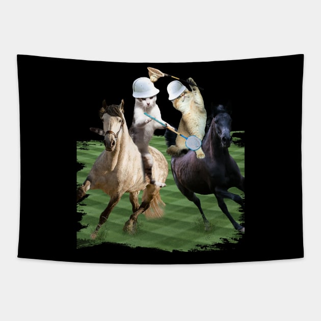 Cat Playing Polo Cats Riding Horse Funny Tapestry by Random Galaxy