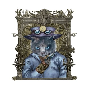 Cat in Blue Leather Jacket with Magical Bracelet in Steampunk Frame T-Shirt