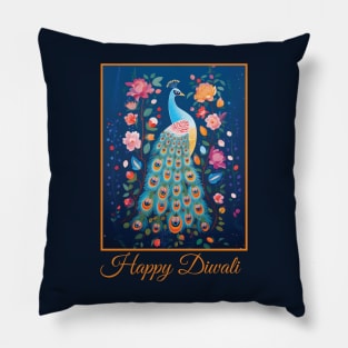 Blue Folk Art Peacock & Pink Flowers Happy Diwali Deepavali Celebration Pillow