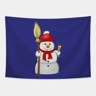 Cartoon style drawing of a funny snowman with red bonnet Tapestry