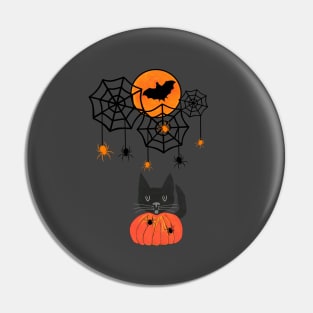 HAPPY Halloween Black Cat In A Pumpkin With Spiders Pin