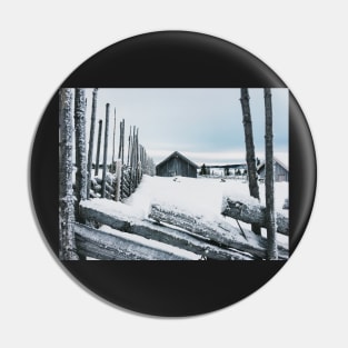 Wooden Fence and Cabin in White Norwegian Winter Landscape Pin