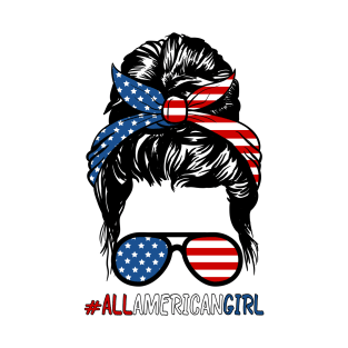 All American Girl 4th Of July Shirt Women Messy Bun USA Flag T-Shirt