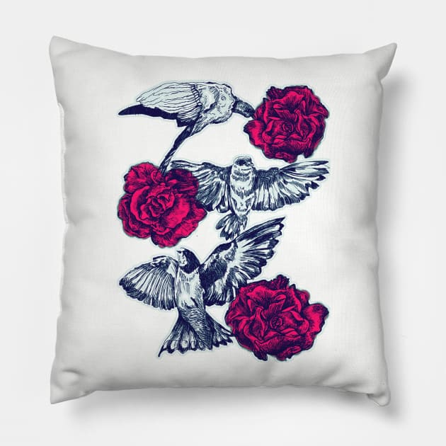 Rose & Swallows Pillow by minniemorrisart