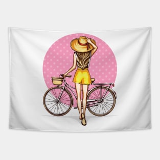 girl near bicycle with basket Tapestry