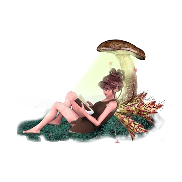 Fairy faerie elf reading book under toadstool by Fantasyart123