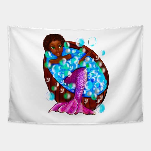 Mermaid spa day- Black anime mermaid in bubble bath. Pretty black girl with Afro hair, green eyes, Cherry pink lips and dark brown skin. Hair love ! Tapestry by Artonmytee