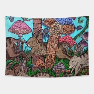 Rabbits Running Through Mushroom Forest Tapestry