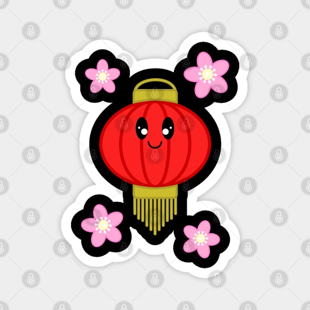 Cute Lantern with Sakura Flowers in Black Background Magnet by Kelly Gigi